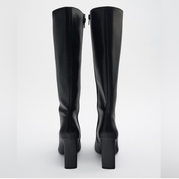 Zara NWOT Black square toe knee high boots premium faux leather heeled boots - Picture 7 of 15